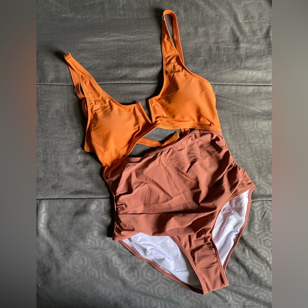 Women Orange and Brown Swimsuit